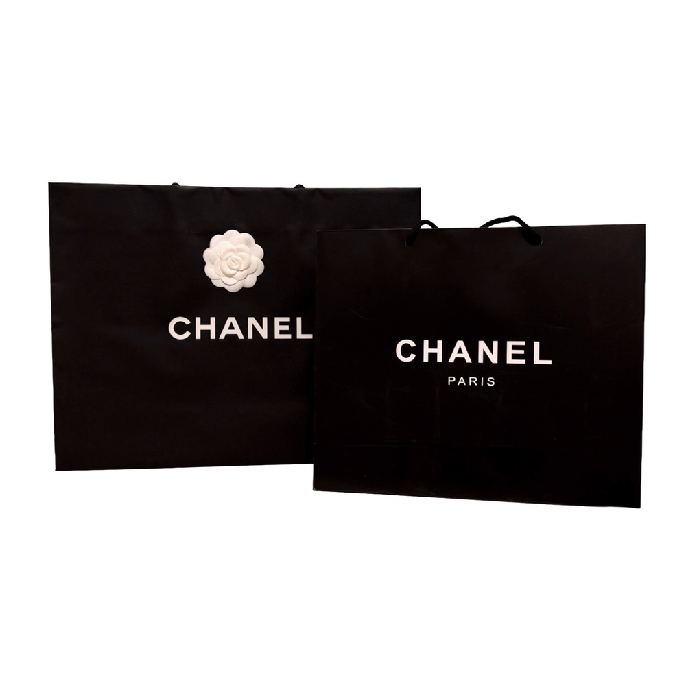 Lot of 2 x Chanel Black Paper Shopping Tote Bags Large and Medium